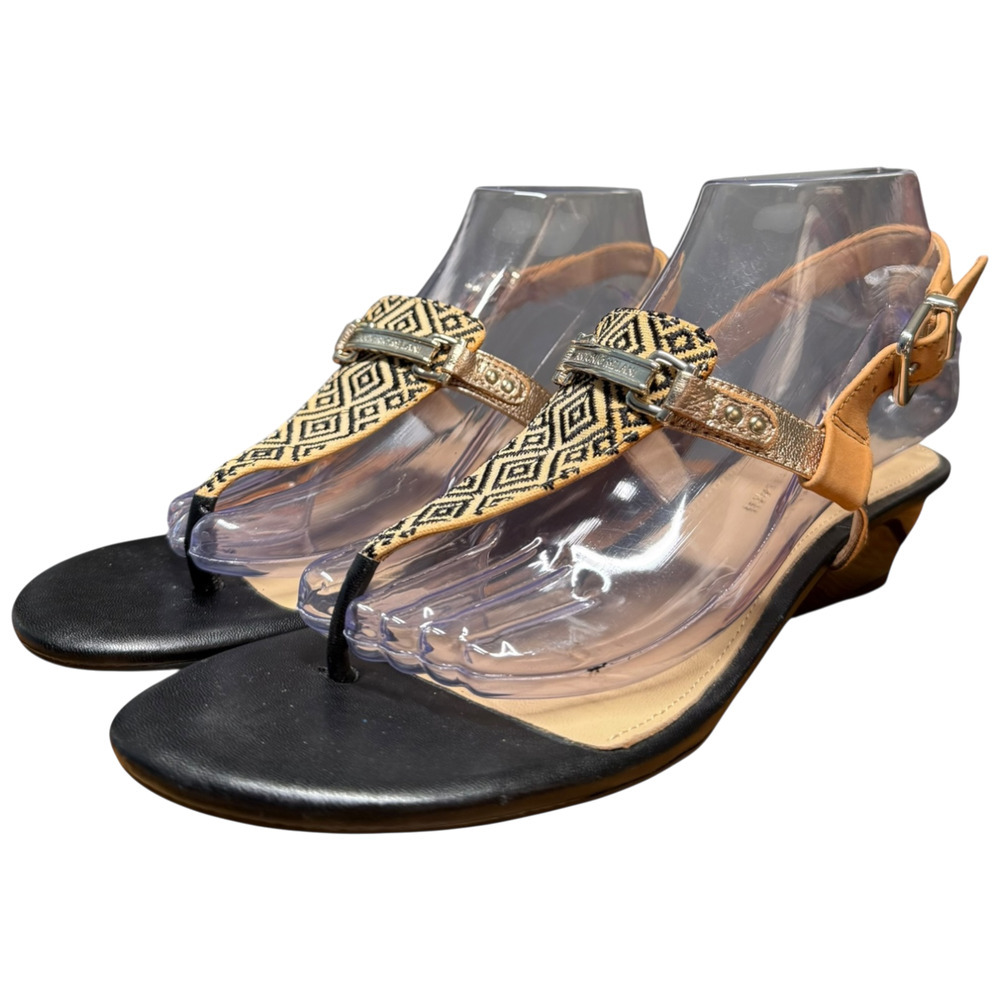 ANTONIO MELANI Women's 9 Black Tan Tribal Boho Thong Wedge Sandals Horse Bit